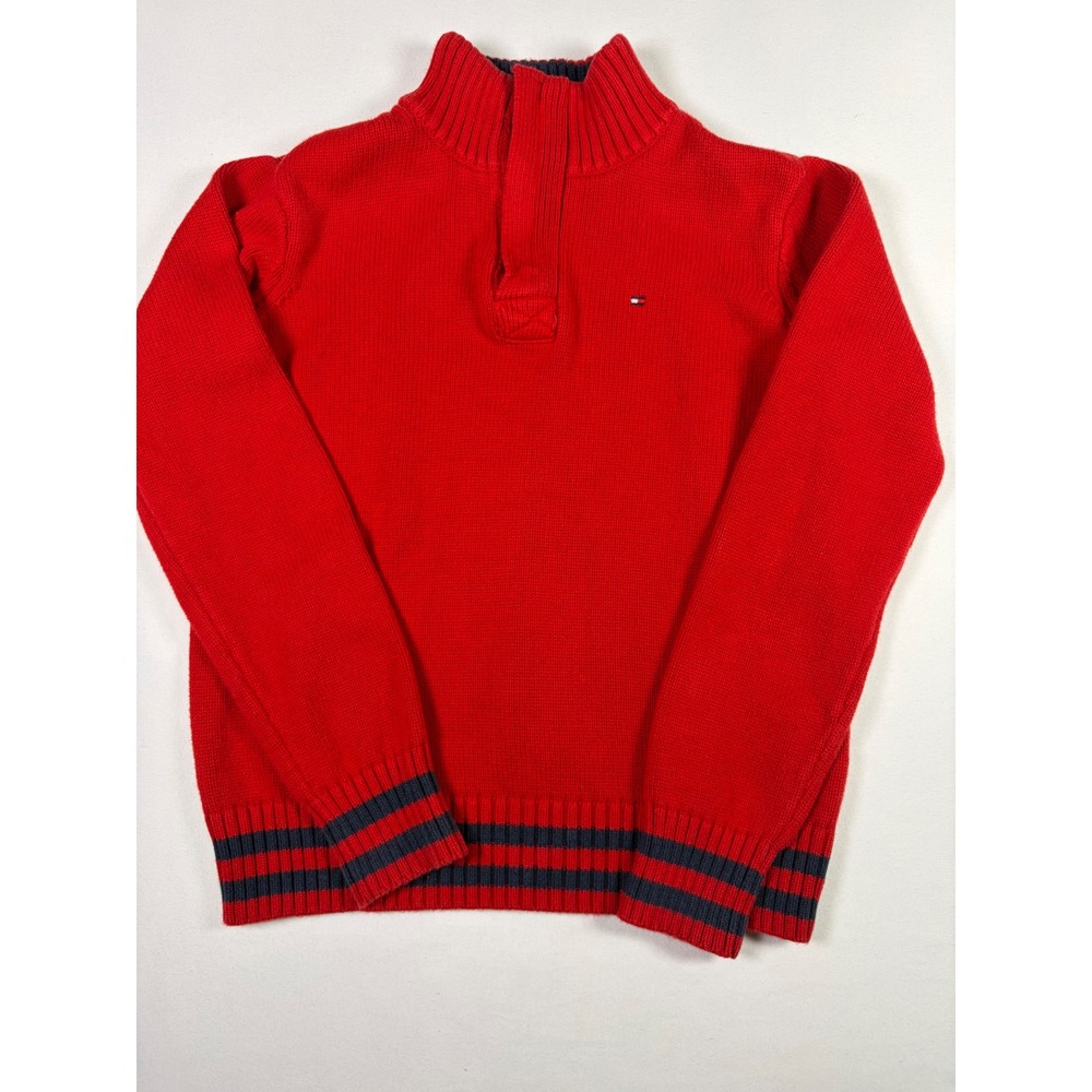 Tommy Hilfiger Quarter Zip Sweater Red Navy Stripe Preppy Winter Holiday Boys 7